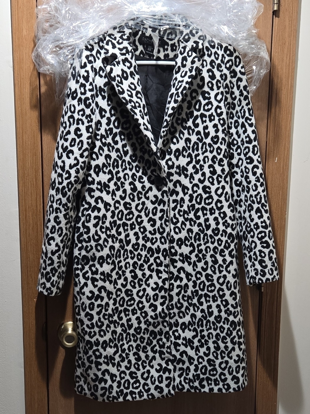 Rachel Zoe Black and White Leopard Print Wool Peacoat